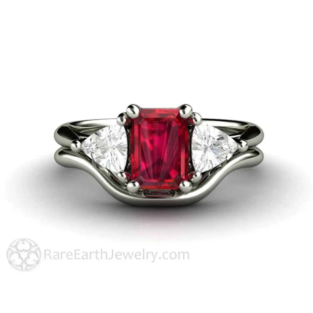 Natural Ruby Engagement Ring Emerald Cut 3 Stone with Diamond Trillions