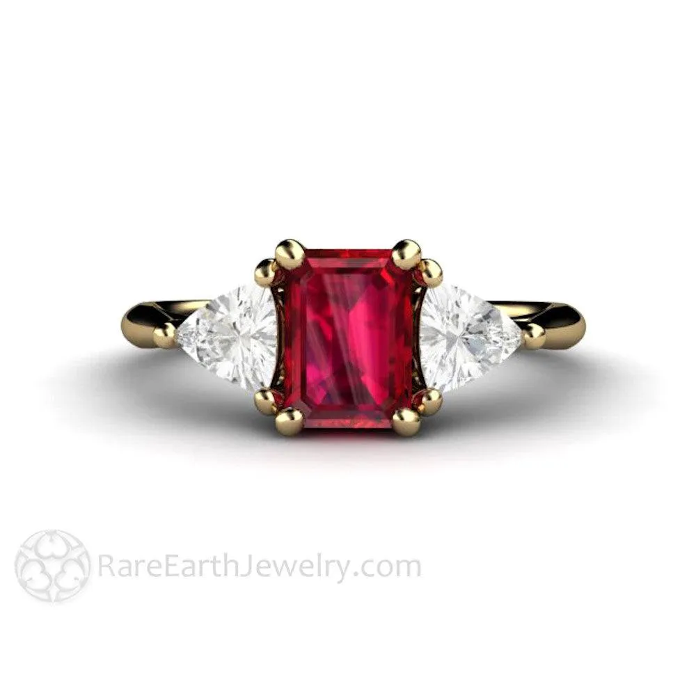 Natural Ruby Engagement Ring Emerald Cut 3 Stone with Diamond Trillions