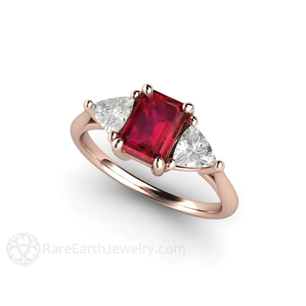 Natural Ruby Engagement Ring Emerald Cut 3 Stone with Diamond Trillions