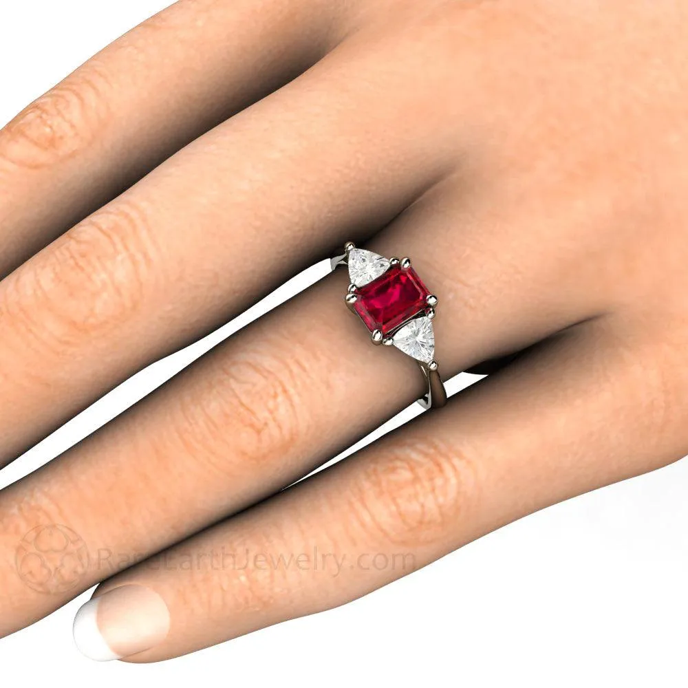 Natural Ruby Engagement Ring Emerald Cut 3 Stone with Diamond Trillions