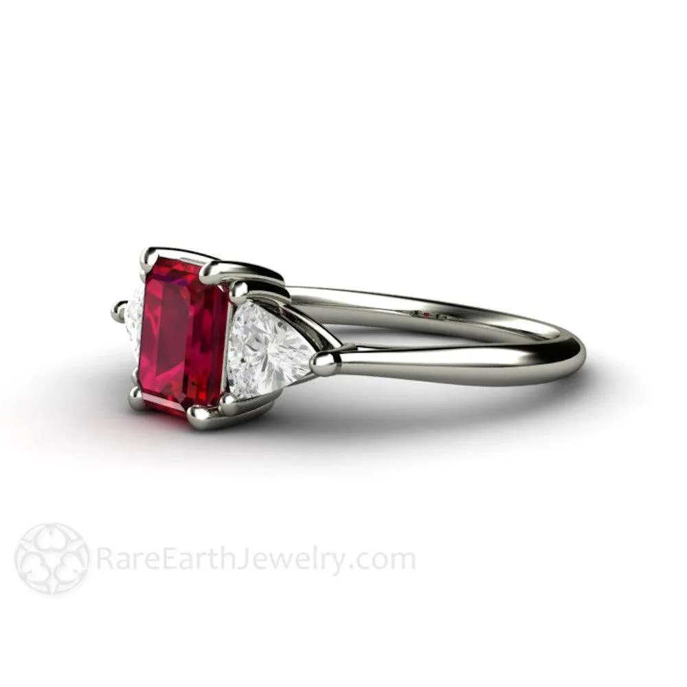 Natural Ruby Engagement Ring Emerald Cut 3 Stone with Diamond Trillions