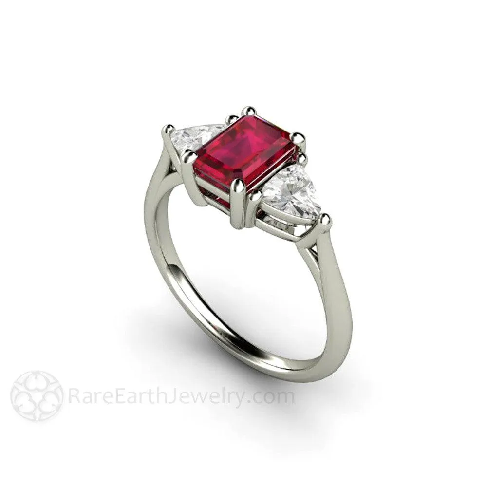 Natural Ruby Engagement Ring Emerald Cut 3 Stone with Diamond Trillions