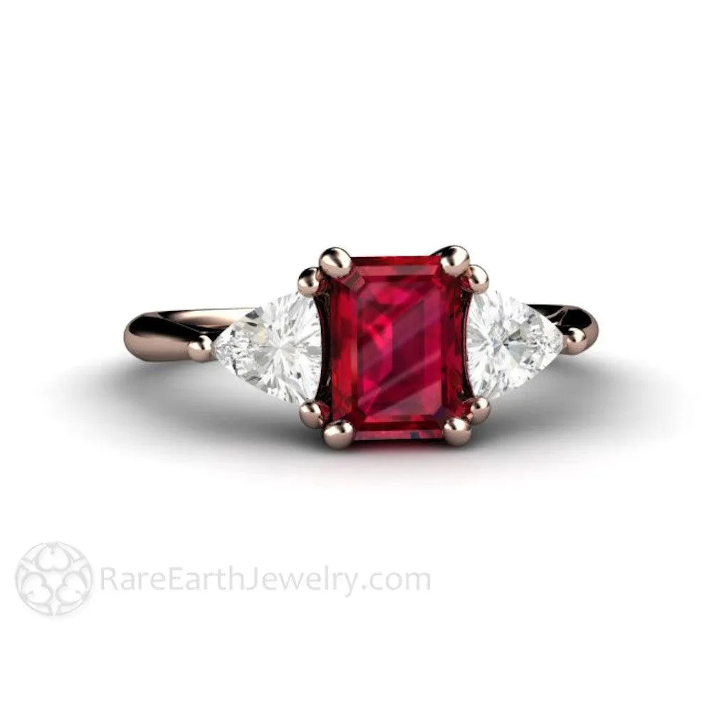 Natural Ruby Engagement Ring Emerald Cut 3 Stone with Diamond Trillions