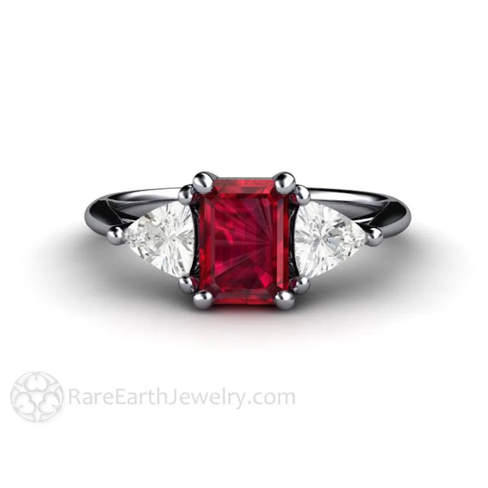 Natural Ruby Engagement Ring Emerald Cut 3 Stone with Diamond Trillions