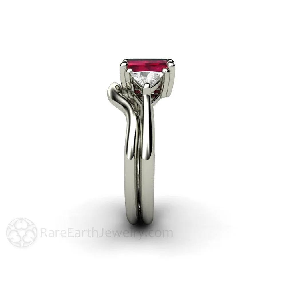 Natural Ruby Engagement Ring Emerald Cut 3 Stone with Diamond Trillions