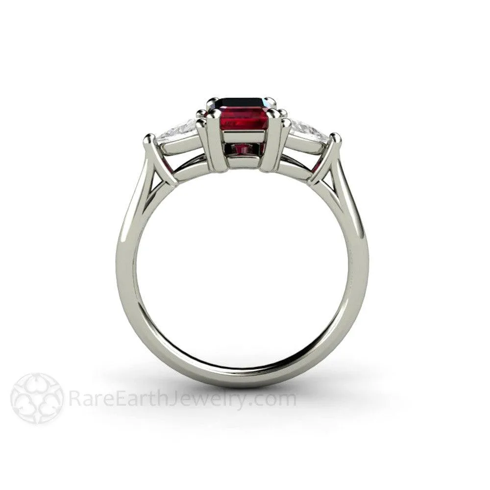 Natural Ruby Engagement Ring Emerald Cut 3 Stone with Diamond Trillions