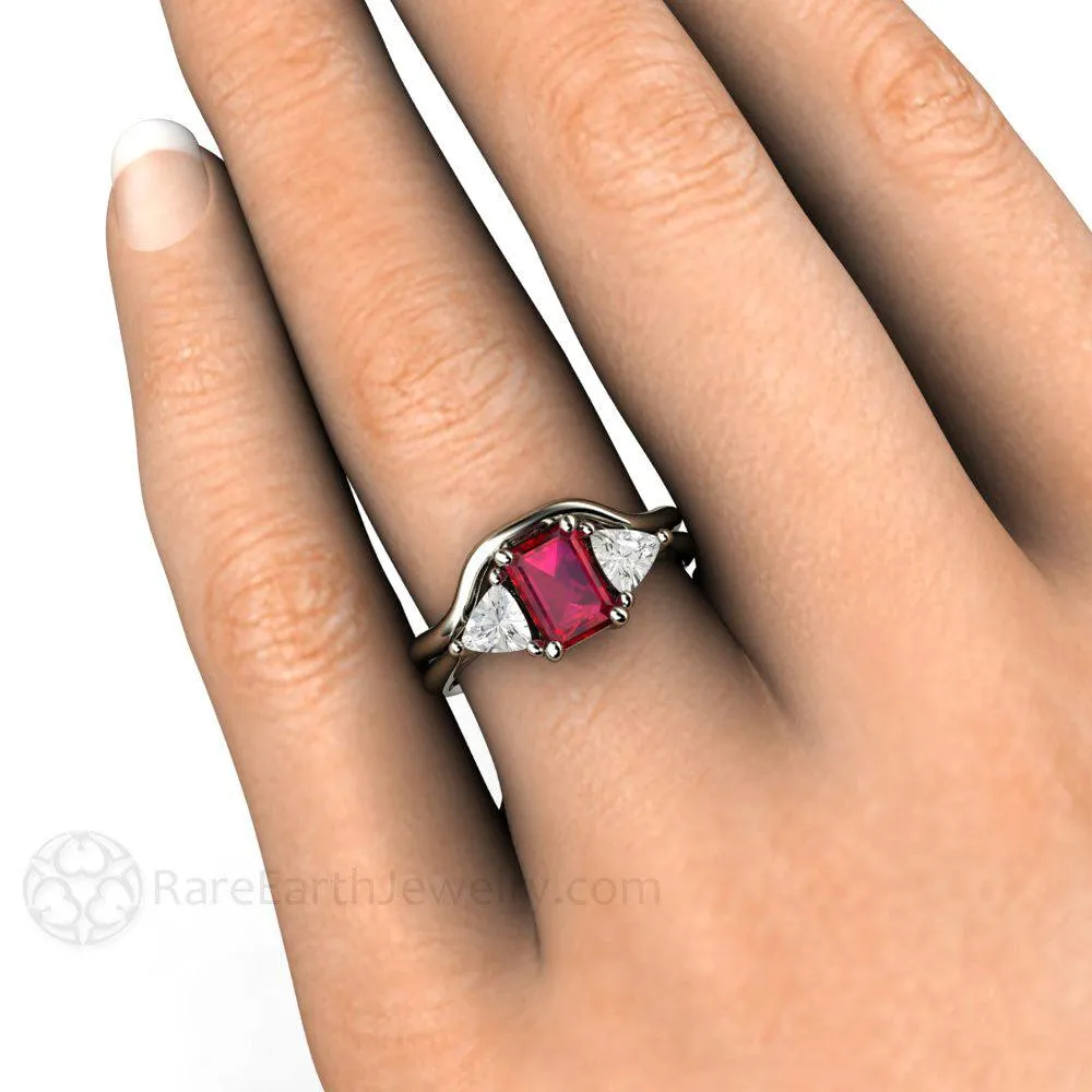 Natural Ruby Engagement Ring Emerald Cut 3 Stone with Diamond Trillions