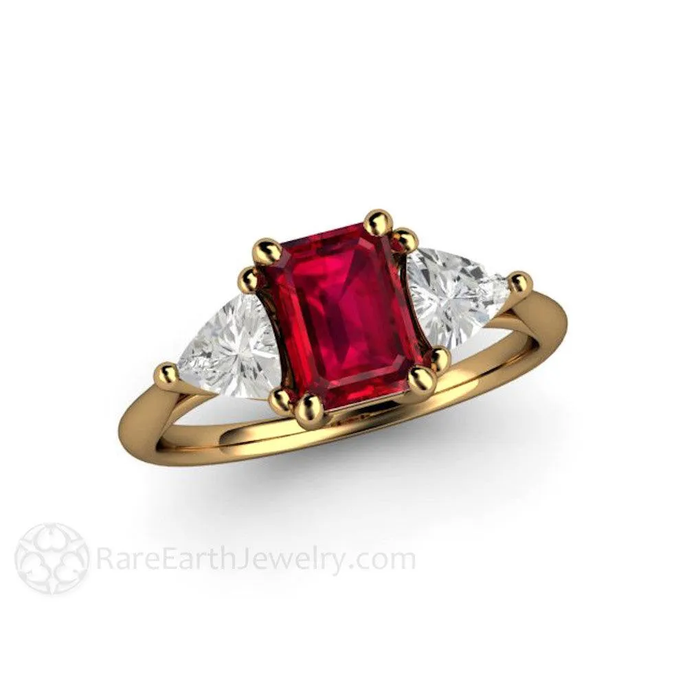 Natural Ruby Engagement Ring Emerald Cut 3 Stone with Diamond Trillions