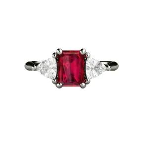 Natural Ruby Engagement Ring Emerald Cut 3 Stone with Diamond Trillions