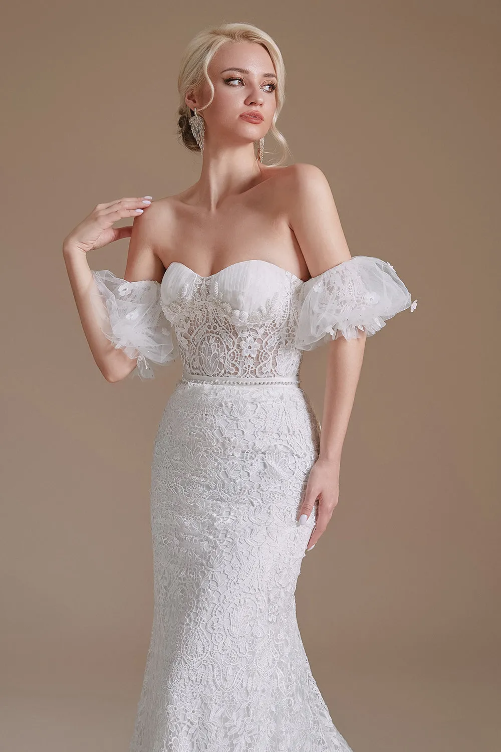 New Arrival Sweetheart Off the Shoulder Lace Long Beach Wedding Dresses