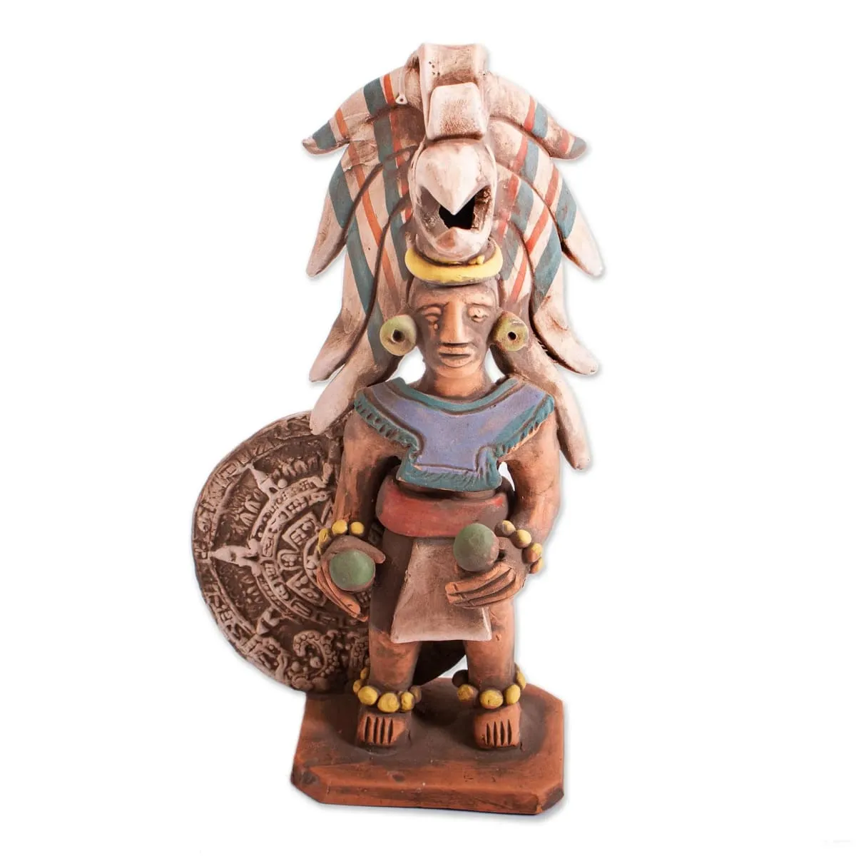 Novica Aztec Warrior With Rattles Ceramic Sculpture