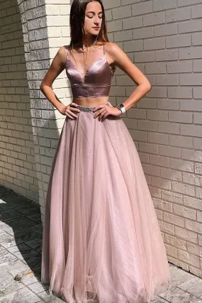 Pearl Pink A-Line Two Piece Sexy Beading Spaghetti Straps Tulle Prom Dresses