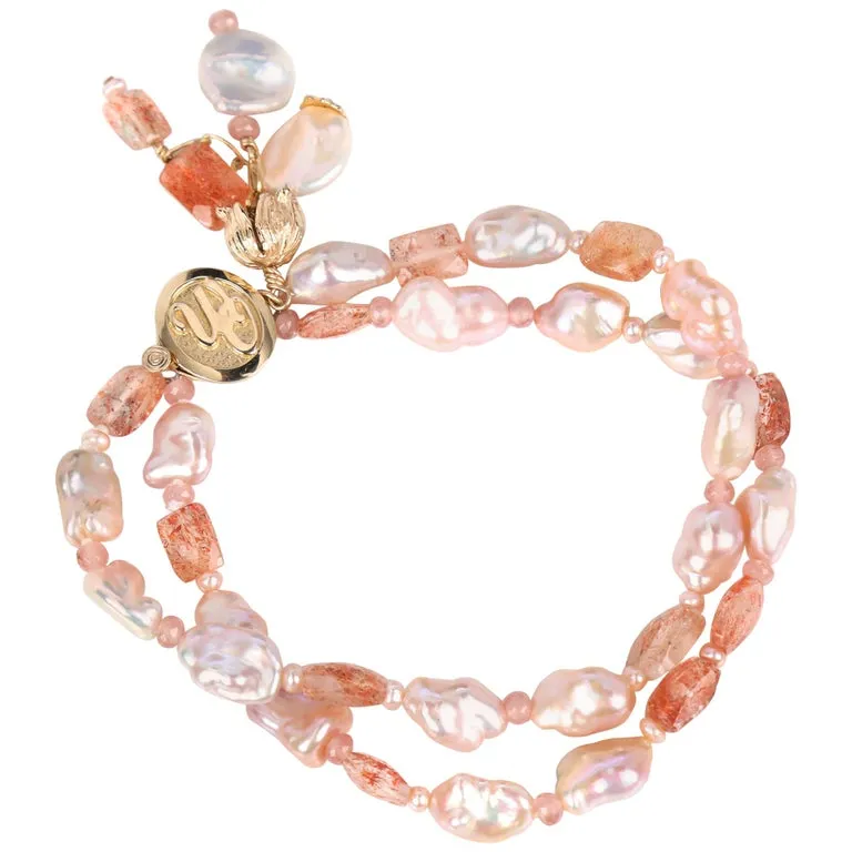 Pearl, Rhodochrosite, Sunstone, and Gold Bracelet