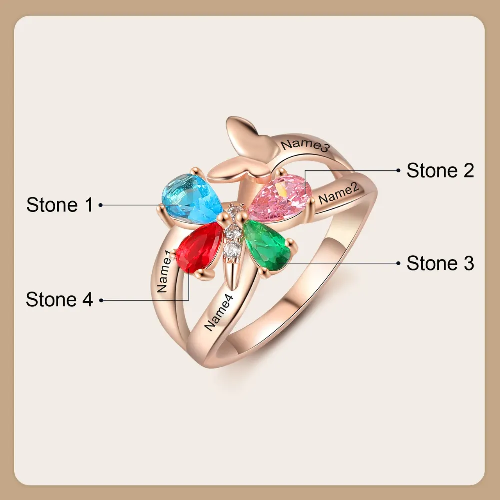 Personalized 4 Names And 4 Stones Butterfly Rings for Women