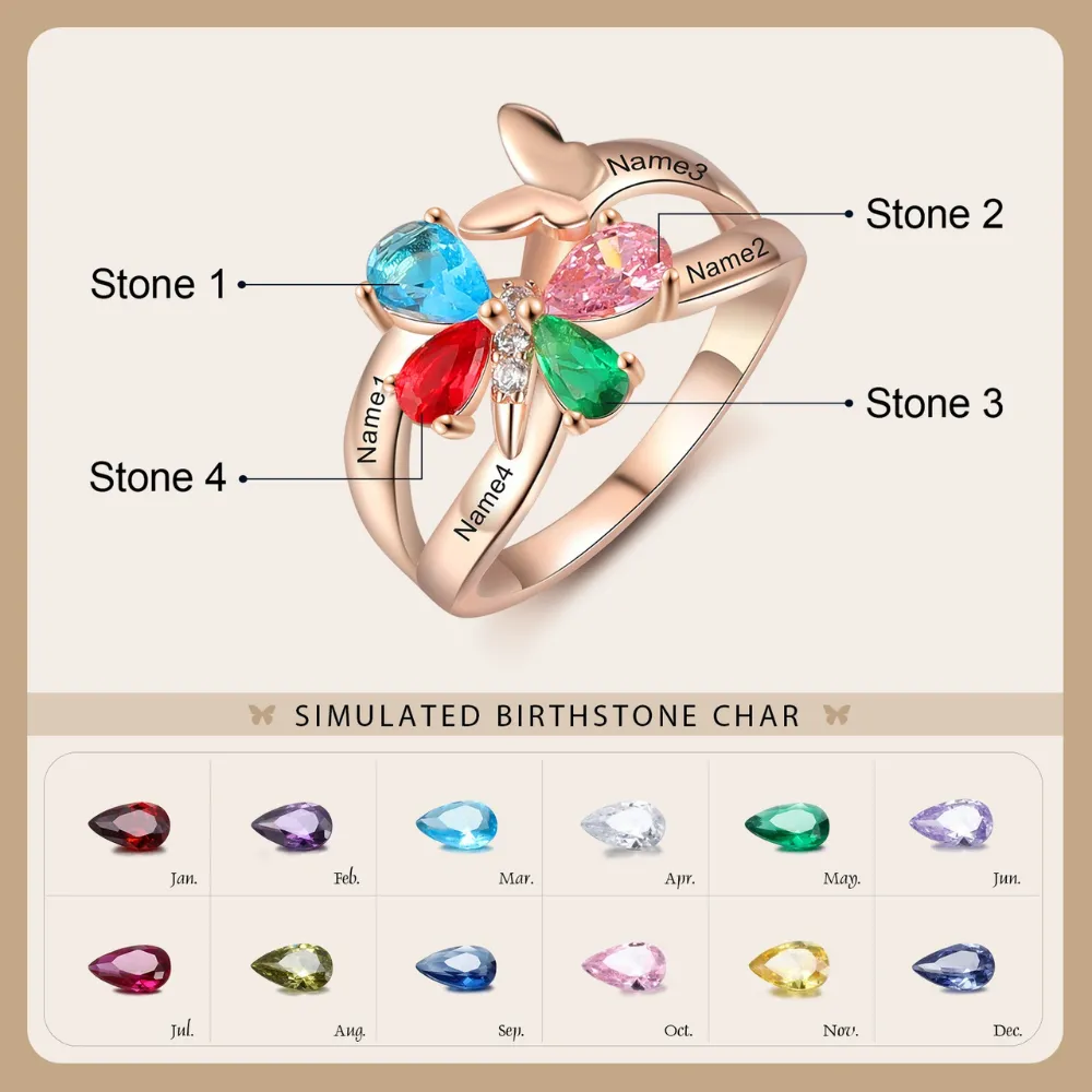 Personalized 4 Names And 4 Stones Butterfly Rings for Women