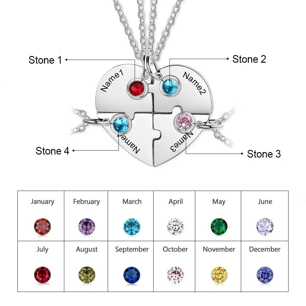 Personalized Heart-Shaped 4 Names And 4 Birthstone Friendship Necklace