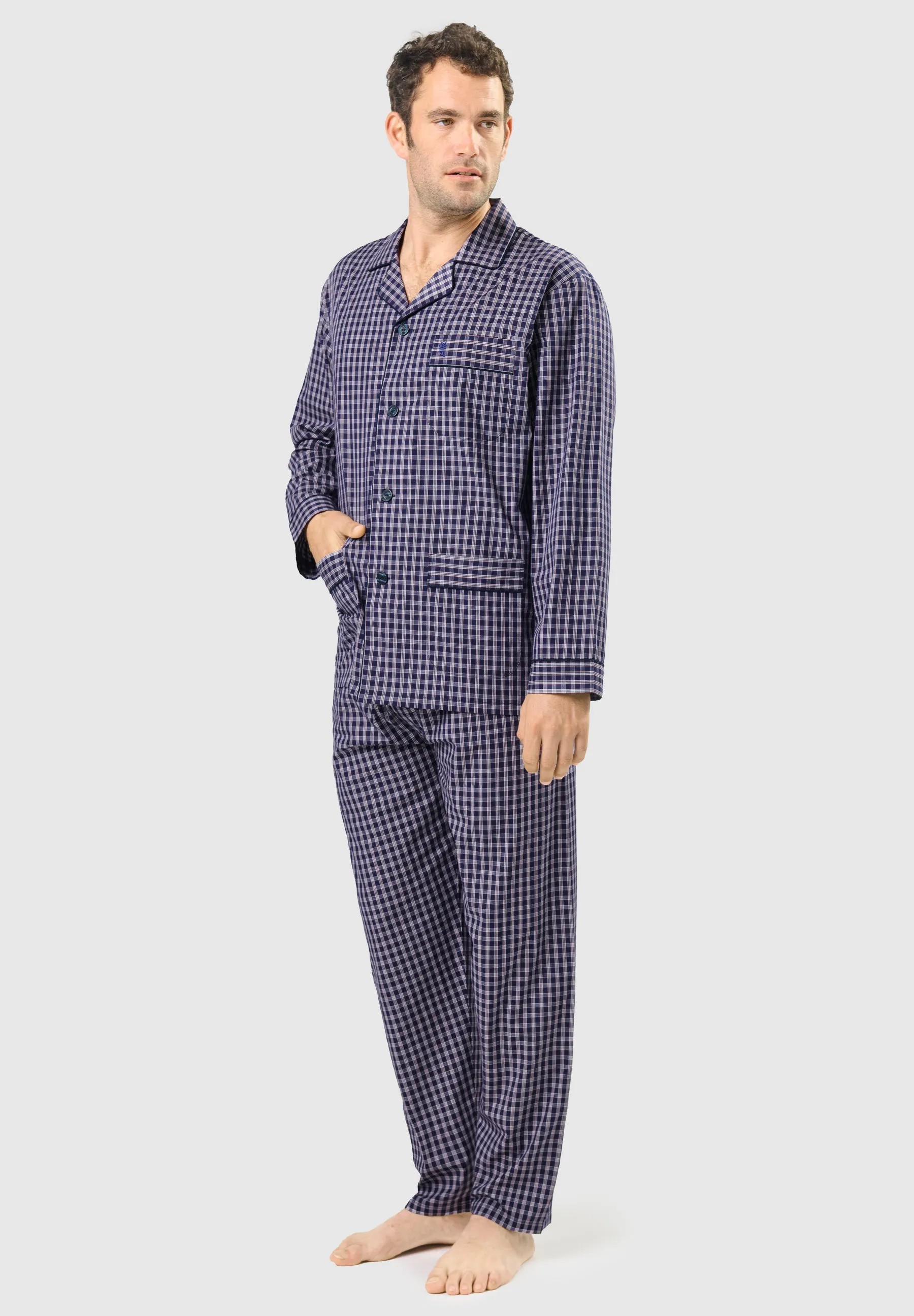 Pijama Hombre Largo Solapa Popelín Cuadros - Azul 1540_39