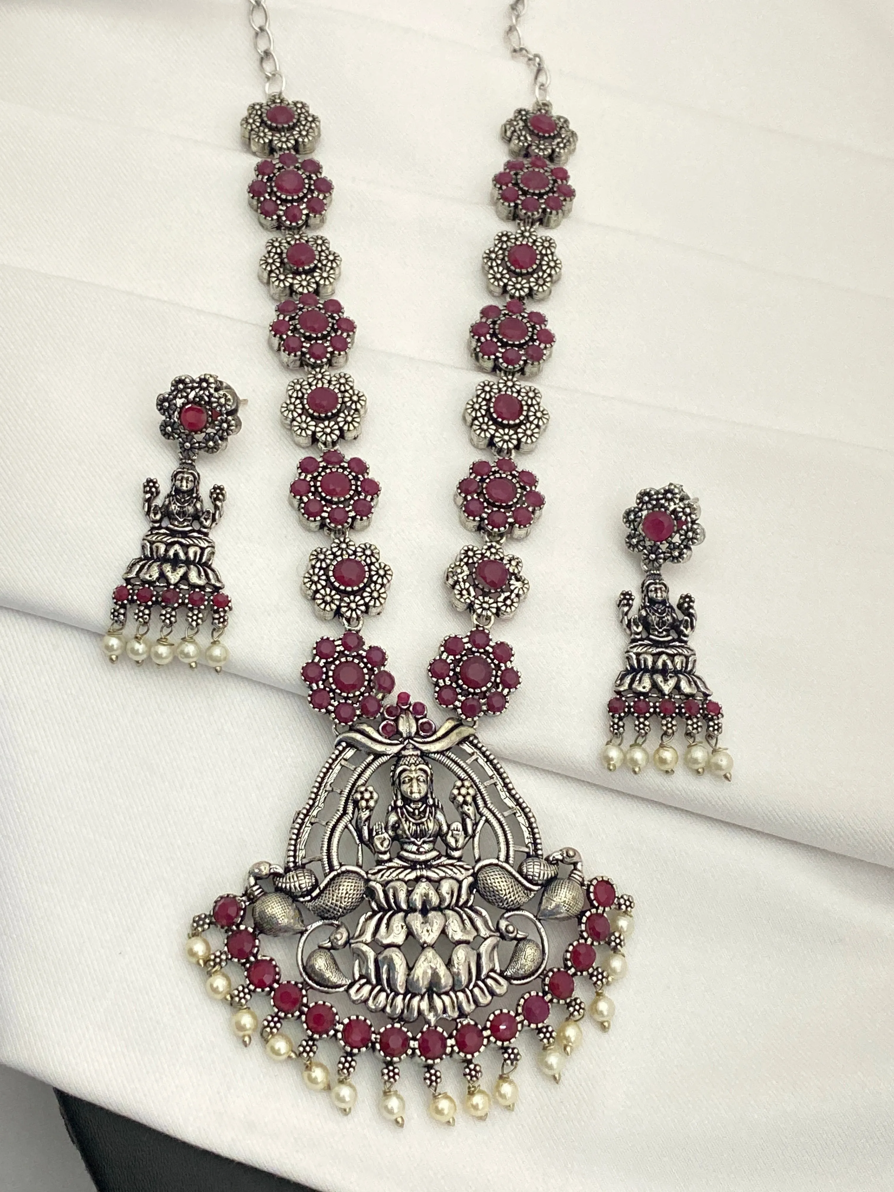 Premium Temple Design Stone Studded Goddess Lakshmi Pendant Necklace Set With Earrings