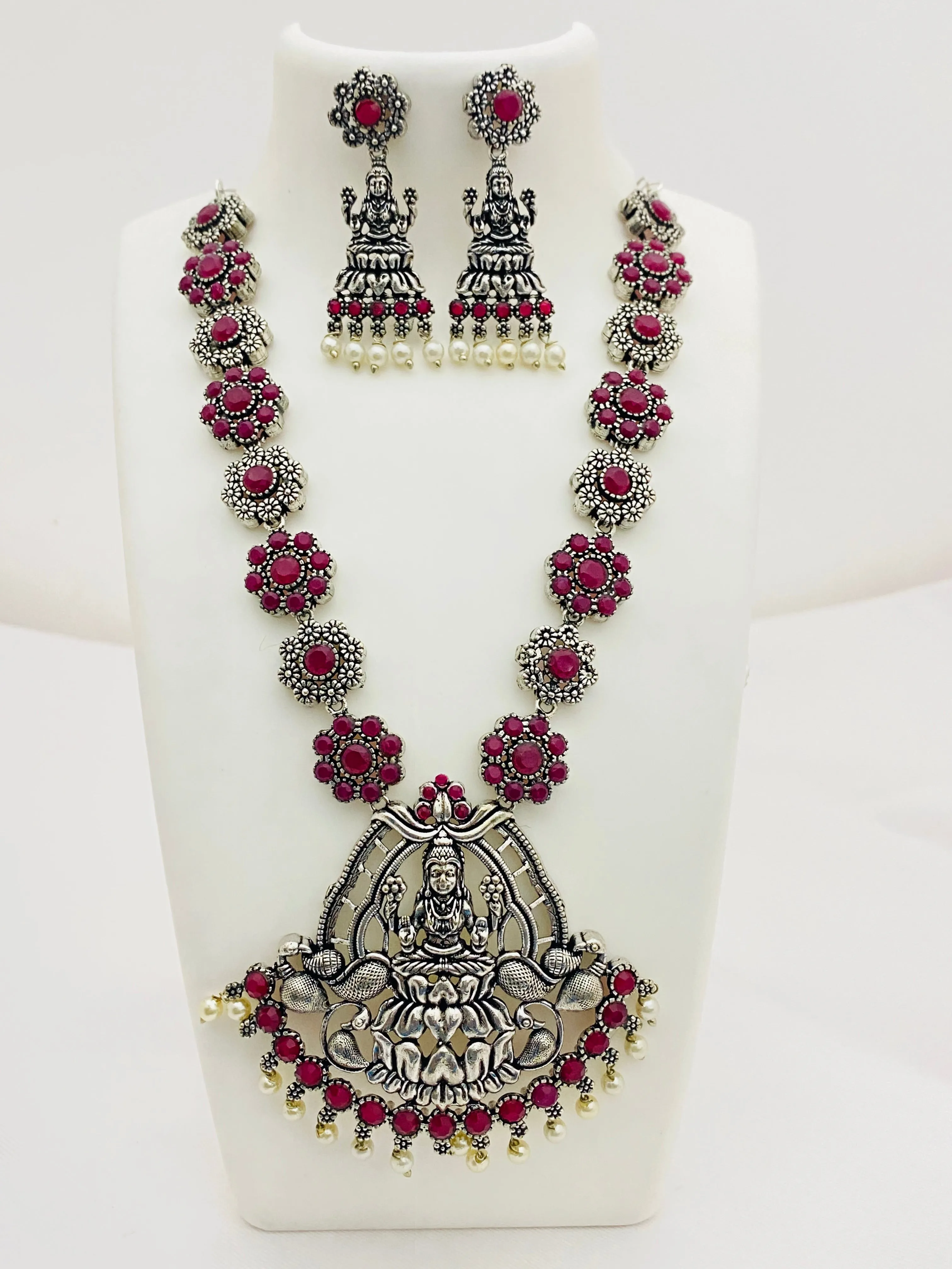 Premium Temple Design Stone Studded Goddess Lakshmi Pendant Necklace Set With Earrings