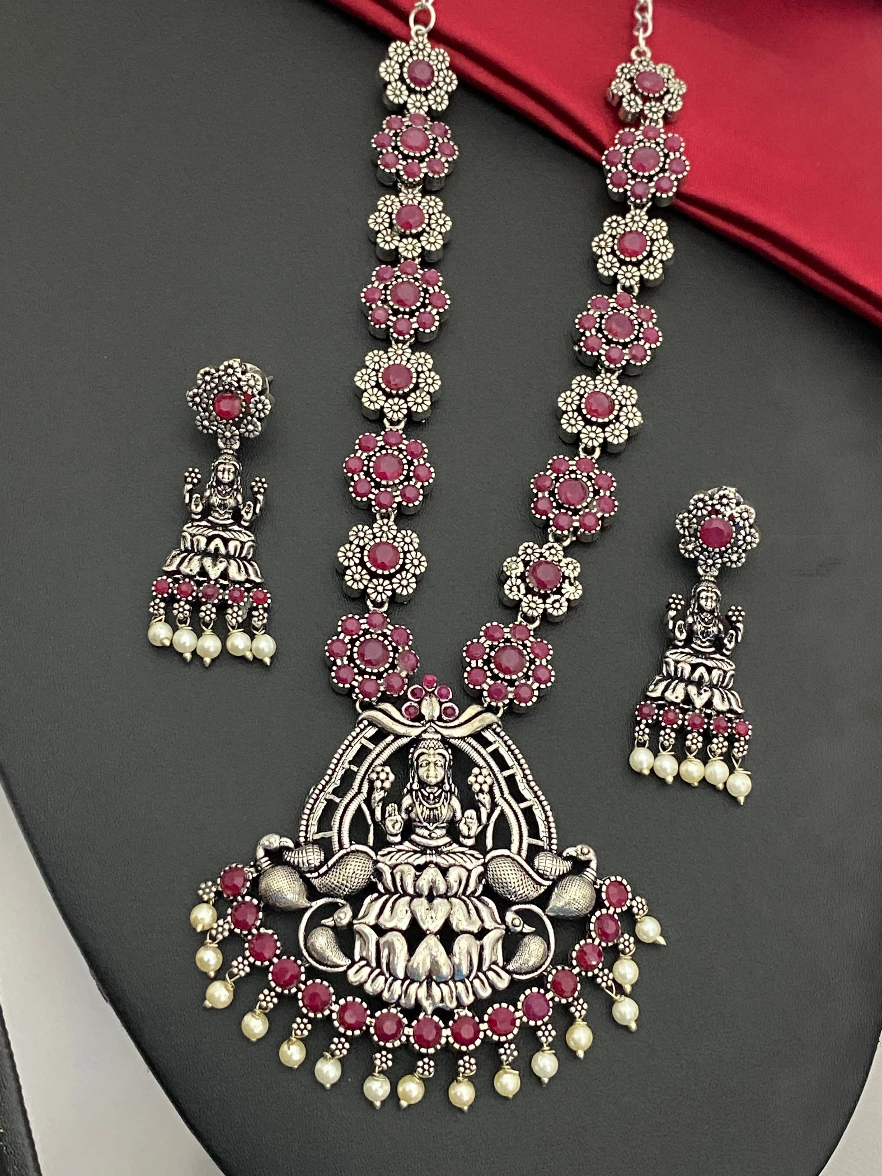 Premium Temple Design Stone Studded Goddess Lakshmi Pendant Necklace Set With Earrings