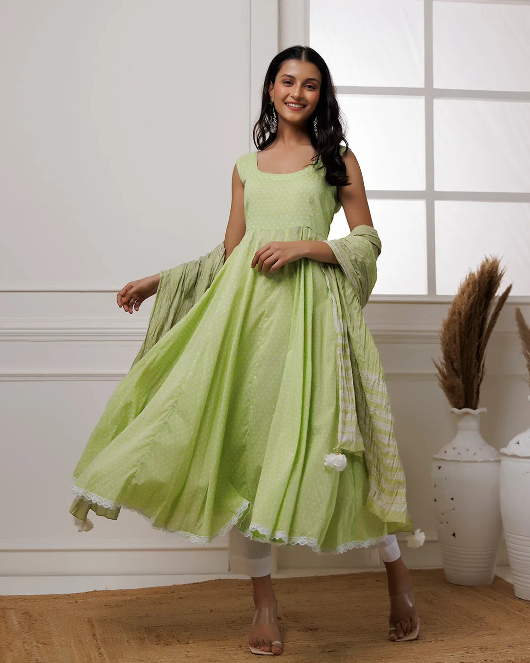 Qala Pista Green Polka Dot Block Printed Anarkali Suit Set