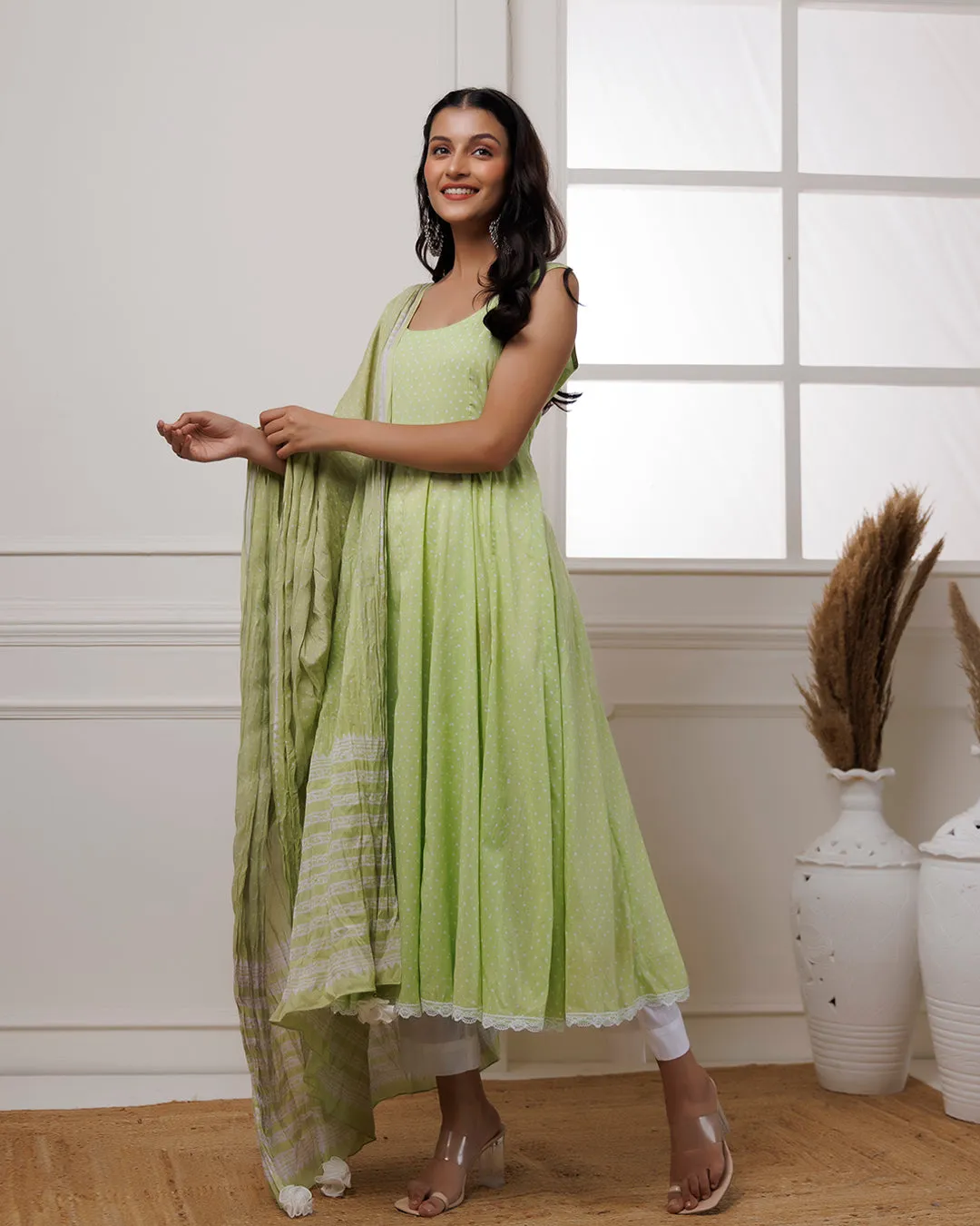 Qala Pista Green Polka Dot Block Printed Anarkali Suit Set