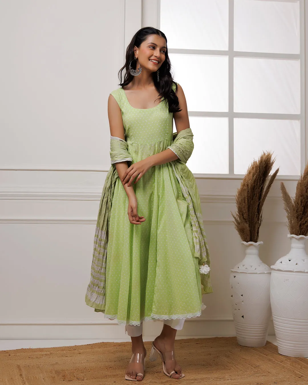 Qala Pista Green Polka Dot Block Printed Anarkali Suit Set