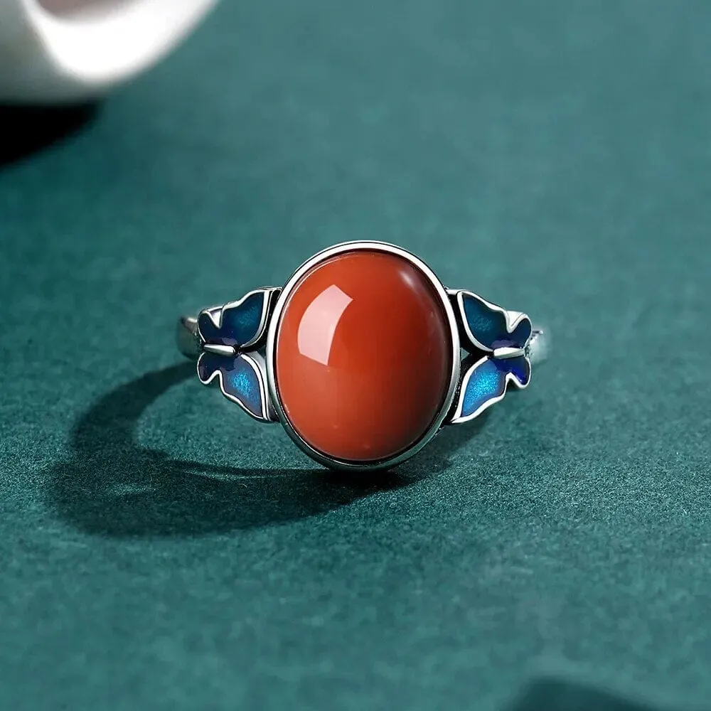 Red Agate Retro Butterfly Adjustable 925 Sterling Silver Ring