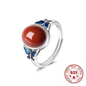 Red Agate Retro Butterfly Adjustable 925 Sterling Silver Ring