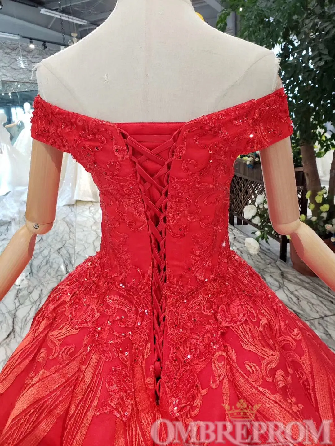 Red Ball Gown Off Shoulder Lace Up Prom Dresses with Sequins