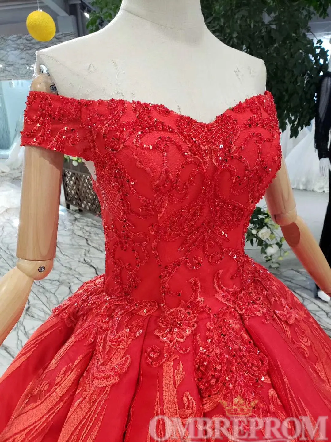 Red Ball Gown Off Shoulder Lace Up Prom Dresses with Sequins