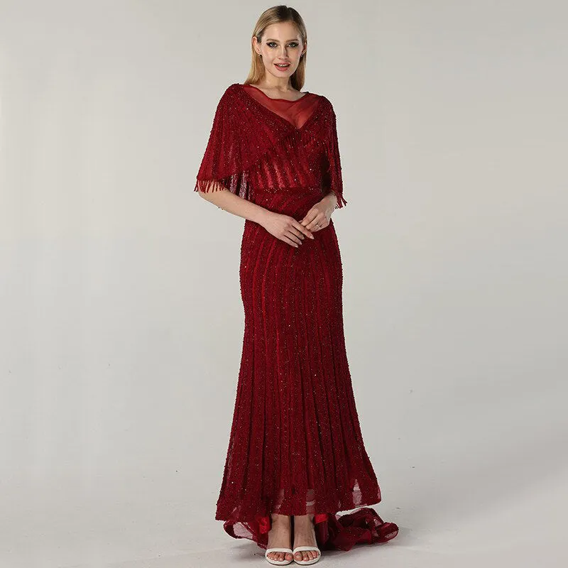 Red Beading Sequin Lace Evening Gown