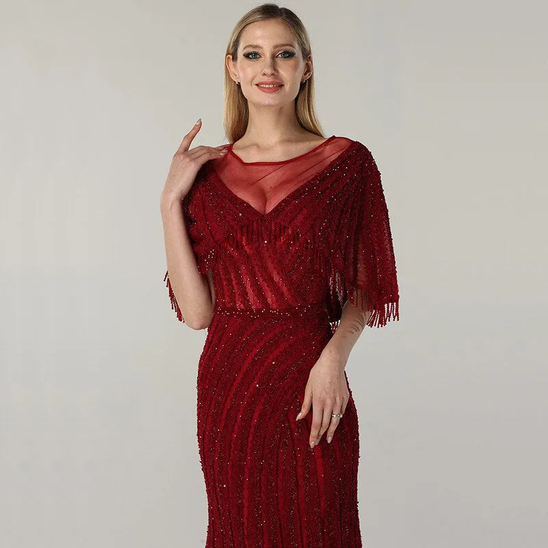 Red Beading Sequin Lace Evening Gown