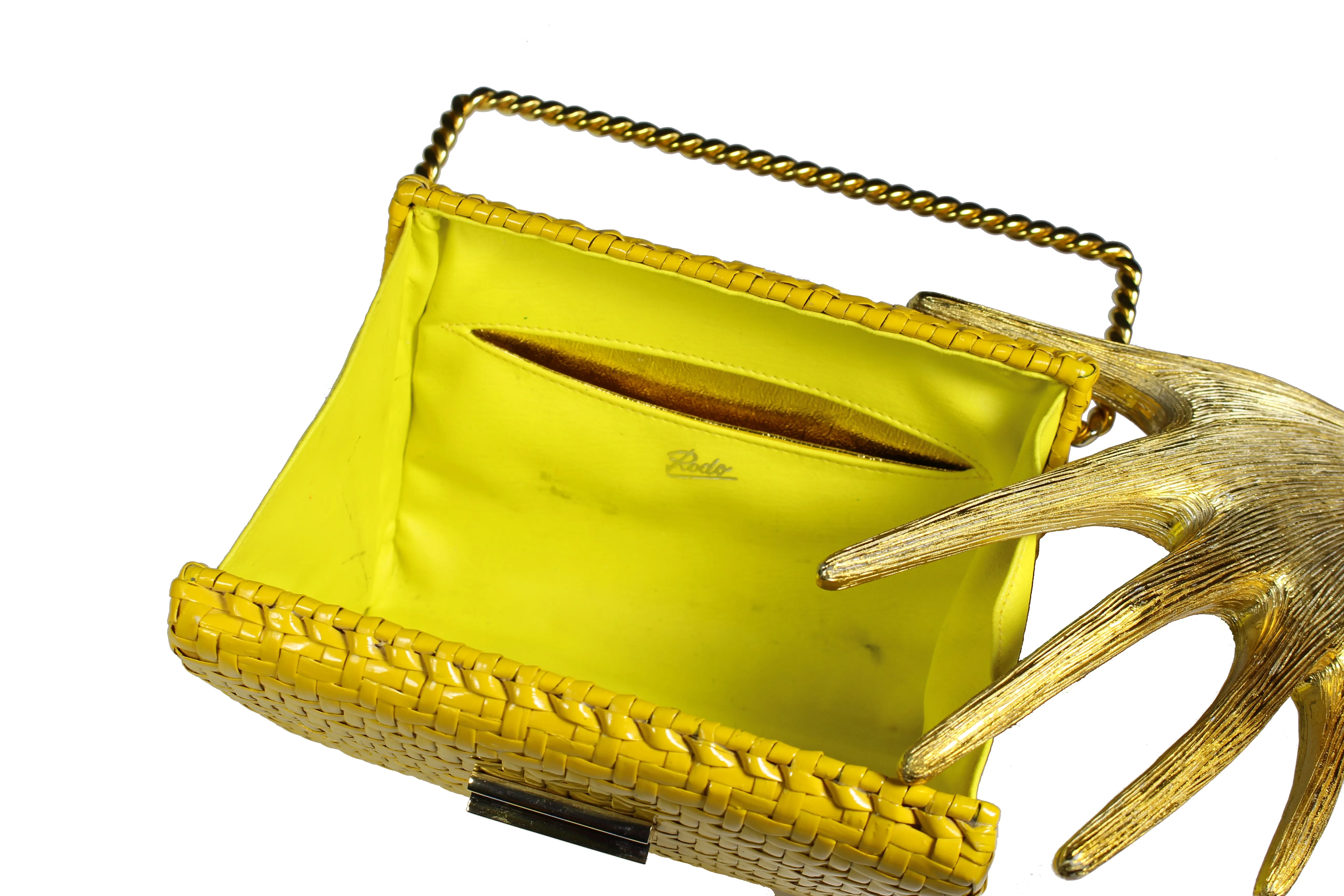 RODO mustard yellow wicker clutch