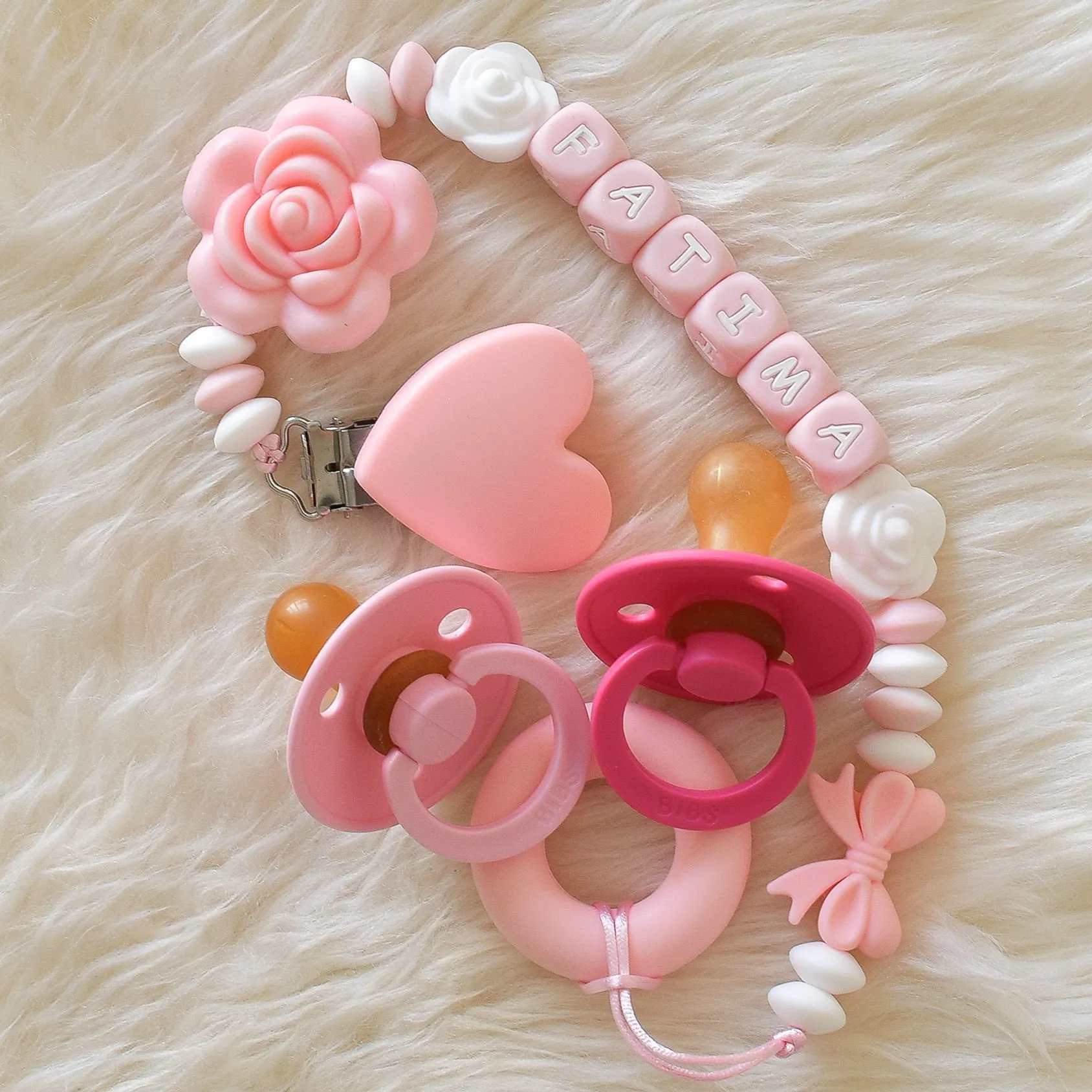 Rose Pacifier Clip & BIBS Pacifiers