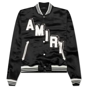 Satin Cropped Varsity Jacket - Black