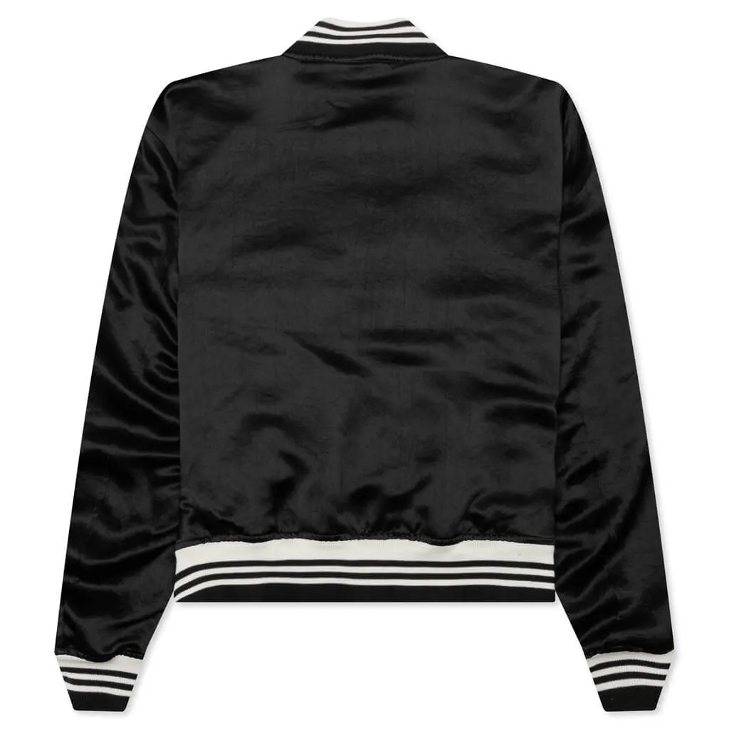 Satin Cropped Varsity Jacket - Black