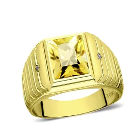 Solid 10K Gold Yellow Citrine Mens Ring 2 Natural Diamonds on Fine Ring for Men