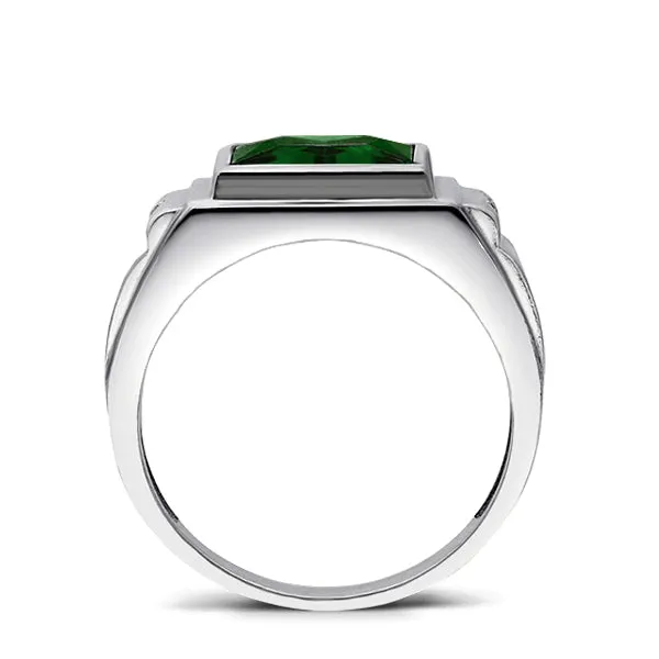 Solid 14K Heavy White Gold Masculine Ring Green Emerald and 2 Diamonds Size 5-15