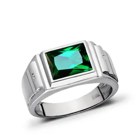 Solid 14K Heavy White Gold Masculine Ring Green Emerald and 2 Diamonds Size 5-15