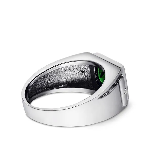 Solid 14K Heavy White Gold Masculine Ring Green Emerald and 2 Diamonds Size 5-15