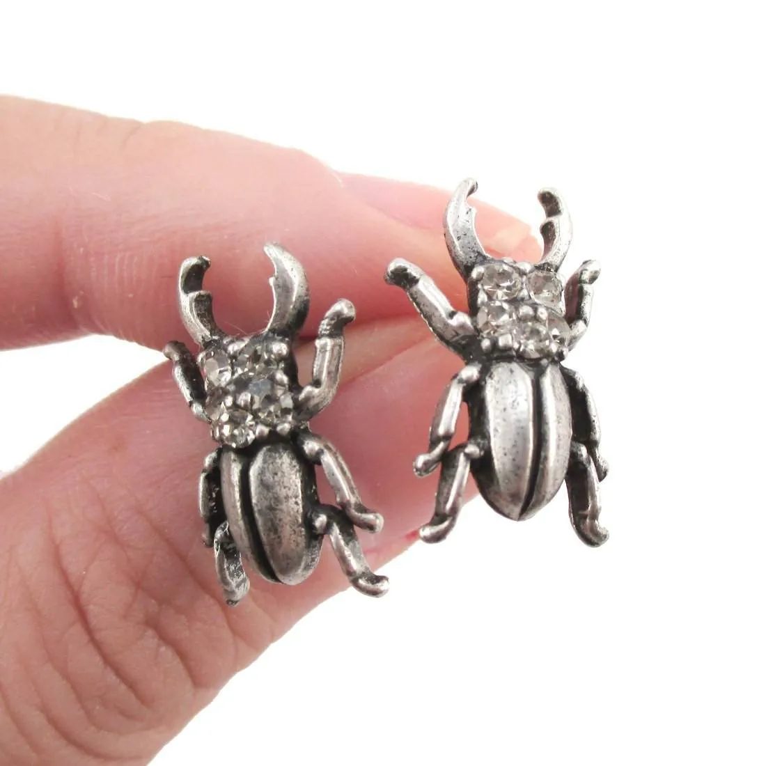 Stag Beetle with Pincers Shaped Rhinestone Stud Earrings in Silver | DOTOLY