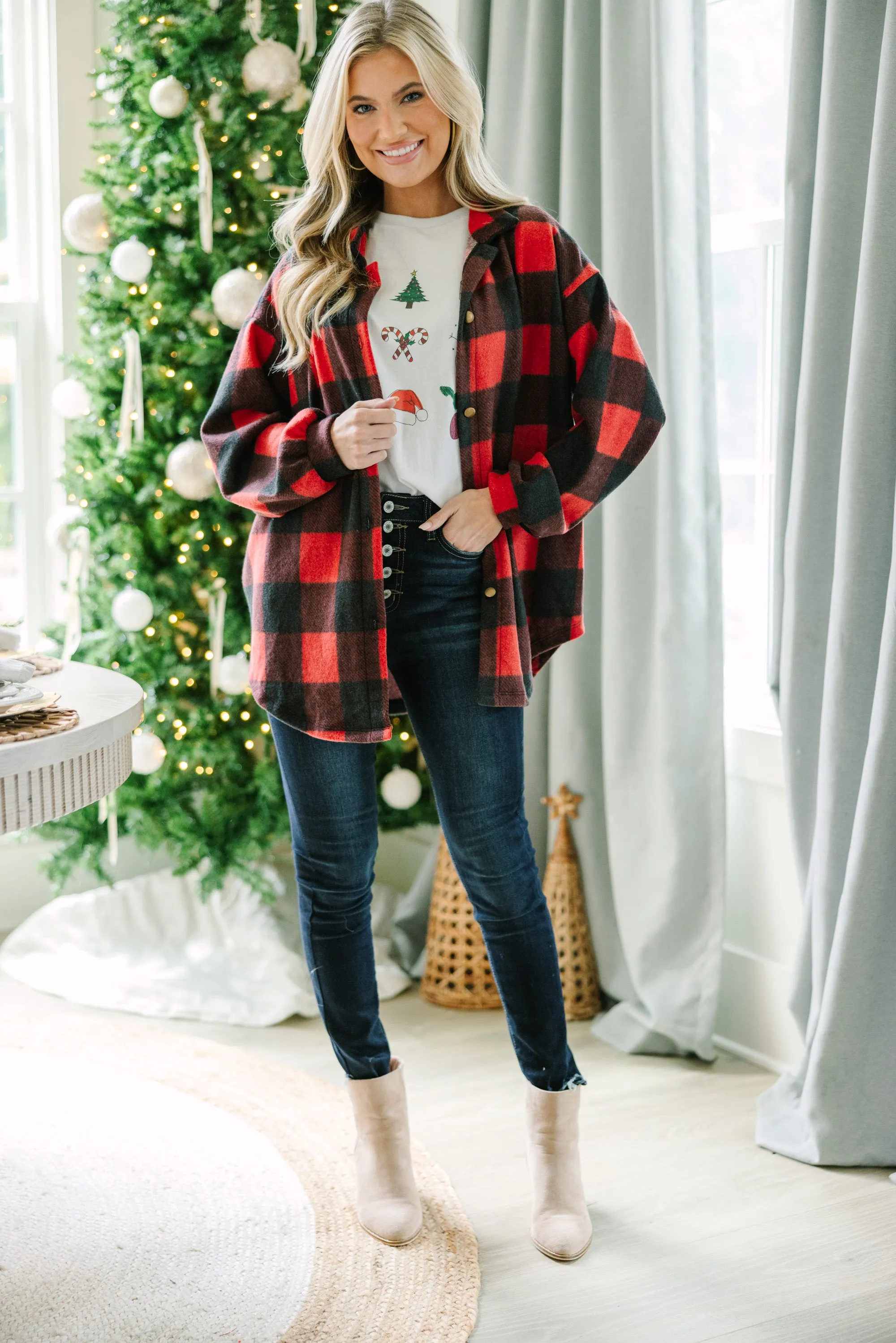 Stay Here Red Buffalo Plaid Button Down Top