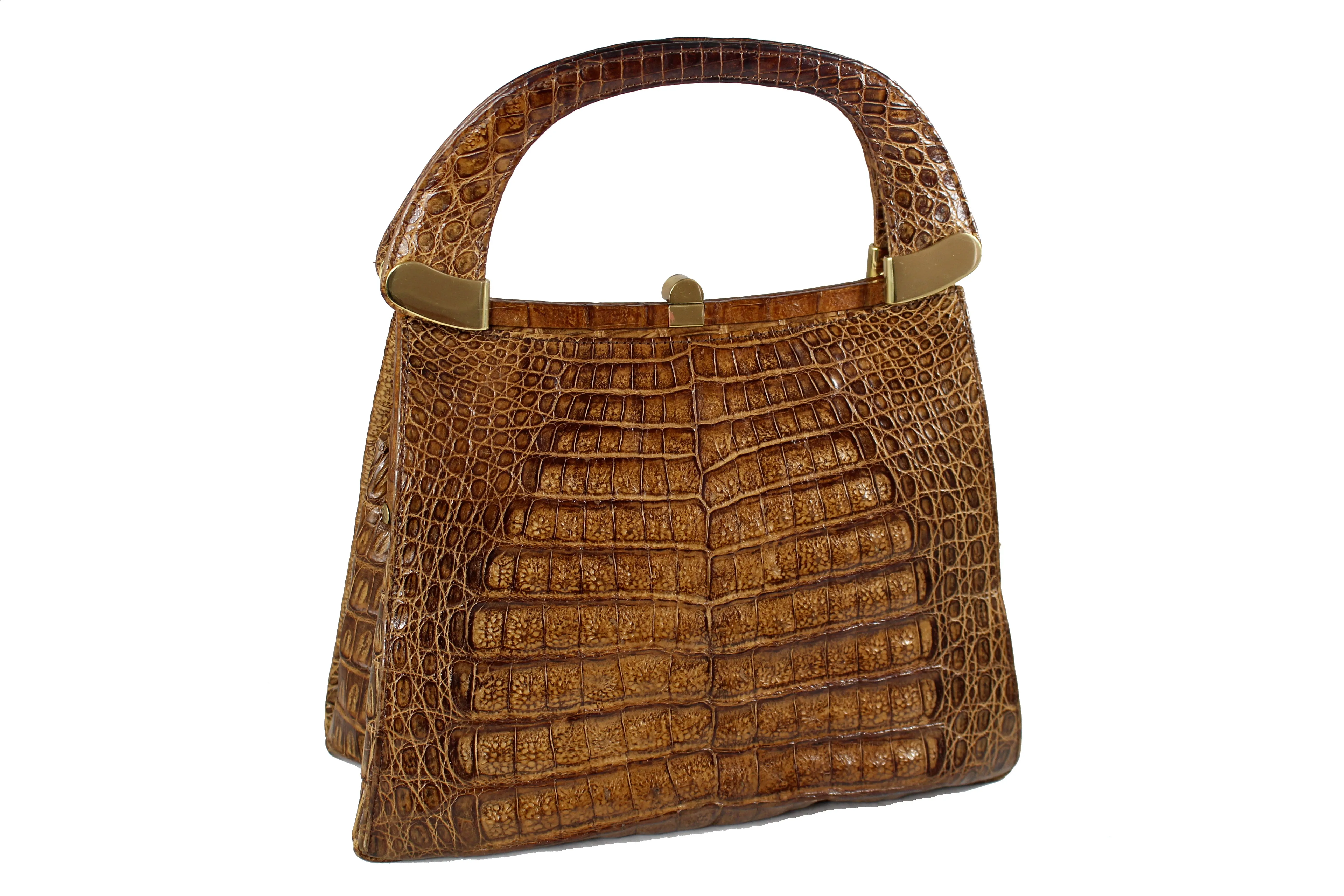 Tobacco color crocodile skin handbag with double handle