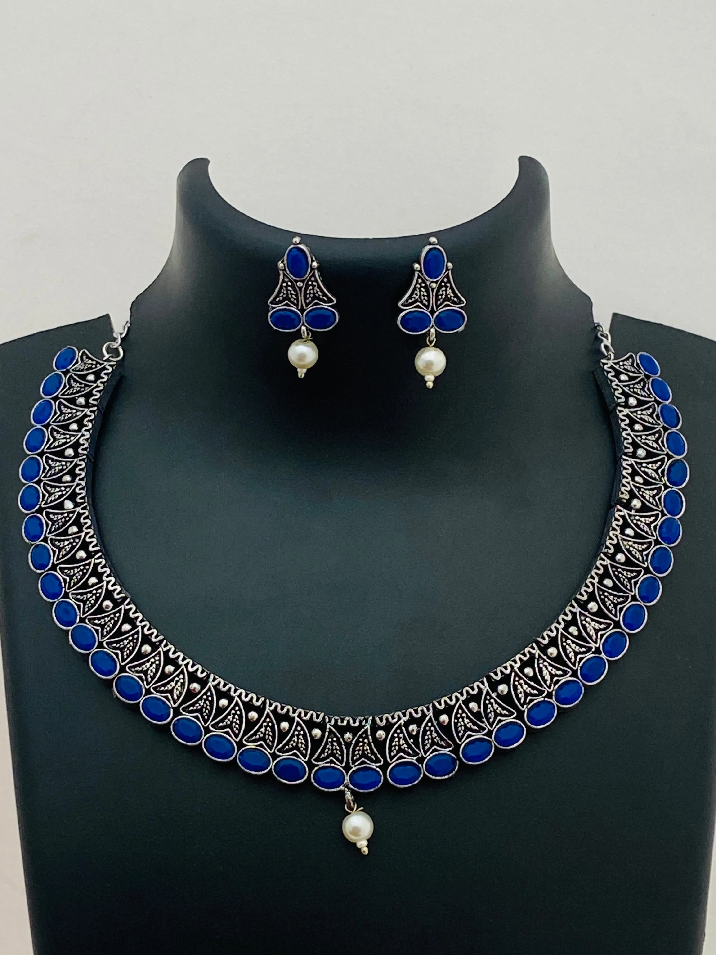 Trendy Dark Blue Color Silver Toned Oxidized Necklace Set With Earrings