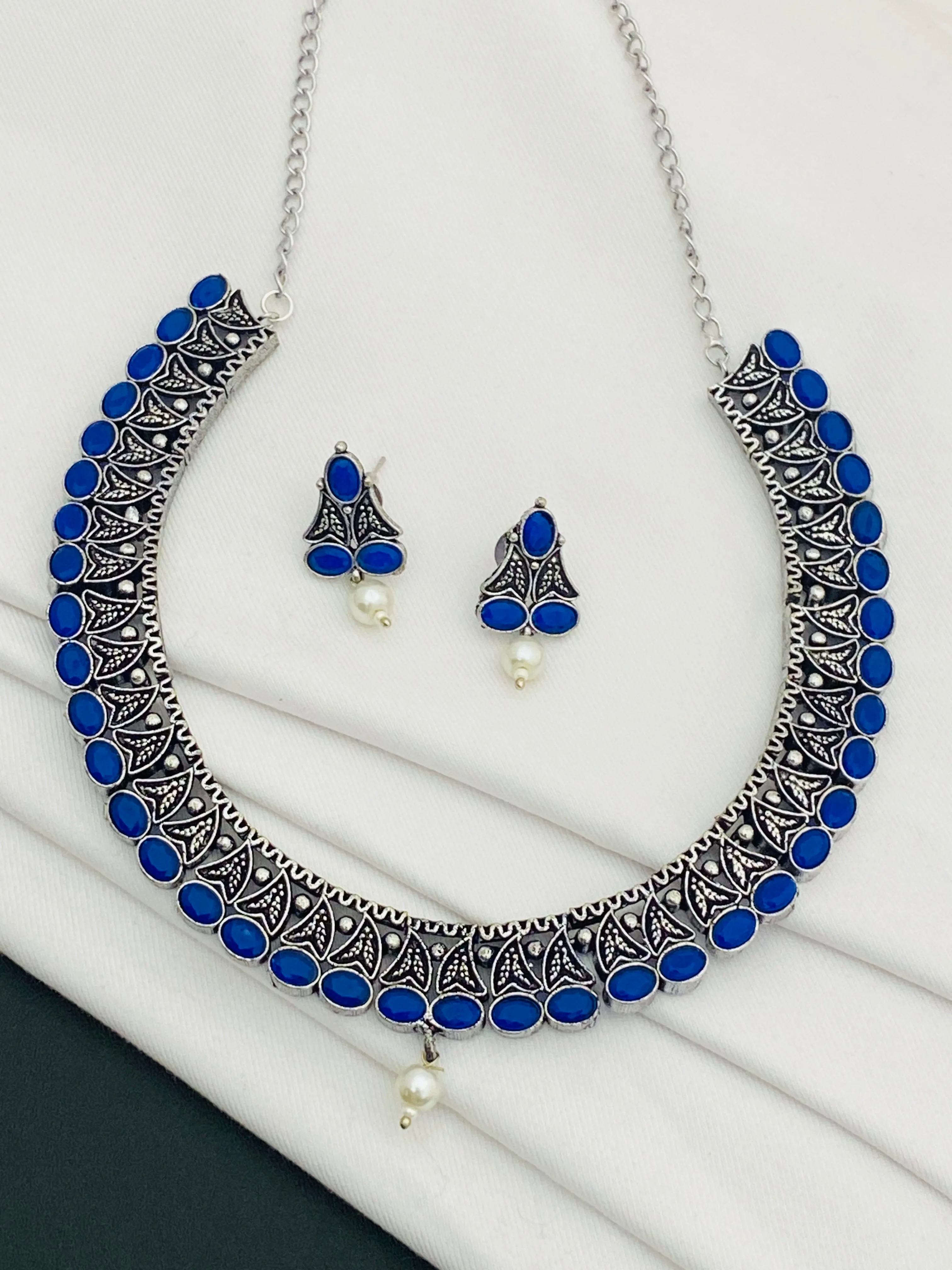 Trendy Dark Blue Color Silver Toned Oxidized Necklace Set With Earrings