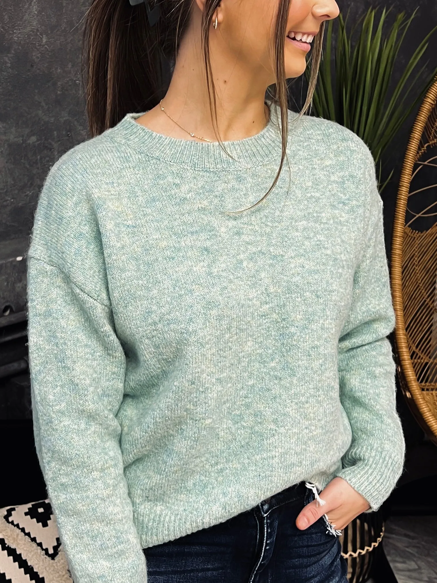 Turn The Sage Drop Shoulder Cropped Sweater