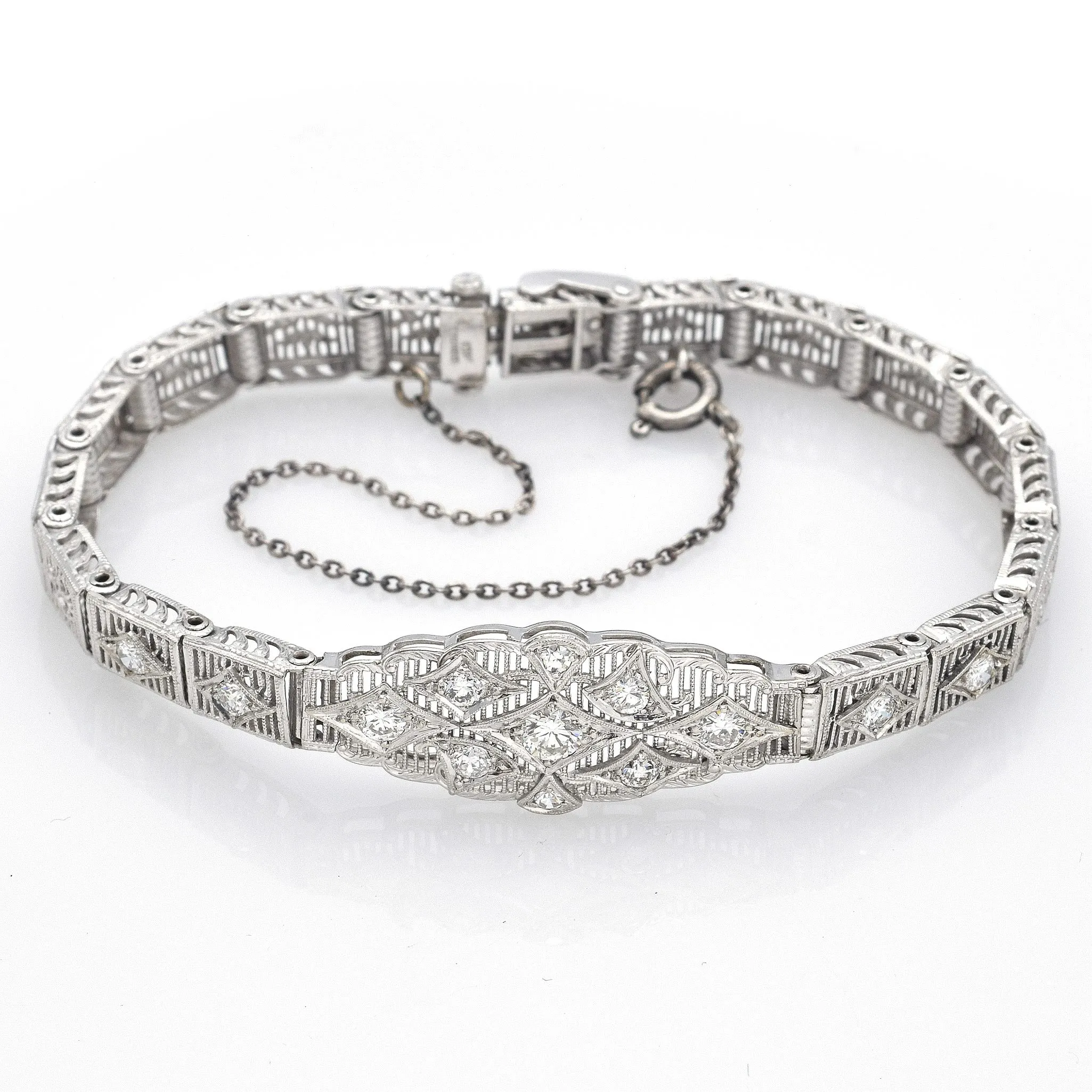 Vintage 10K White Gold Diamond Filigree Bracelet