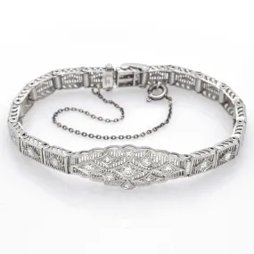 Vintage 10K White Gold Diamond Filigree Bracelet