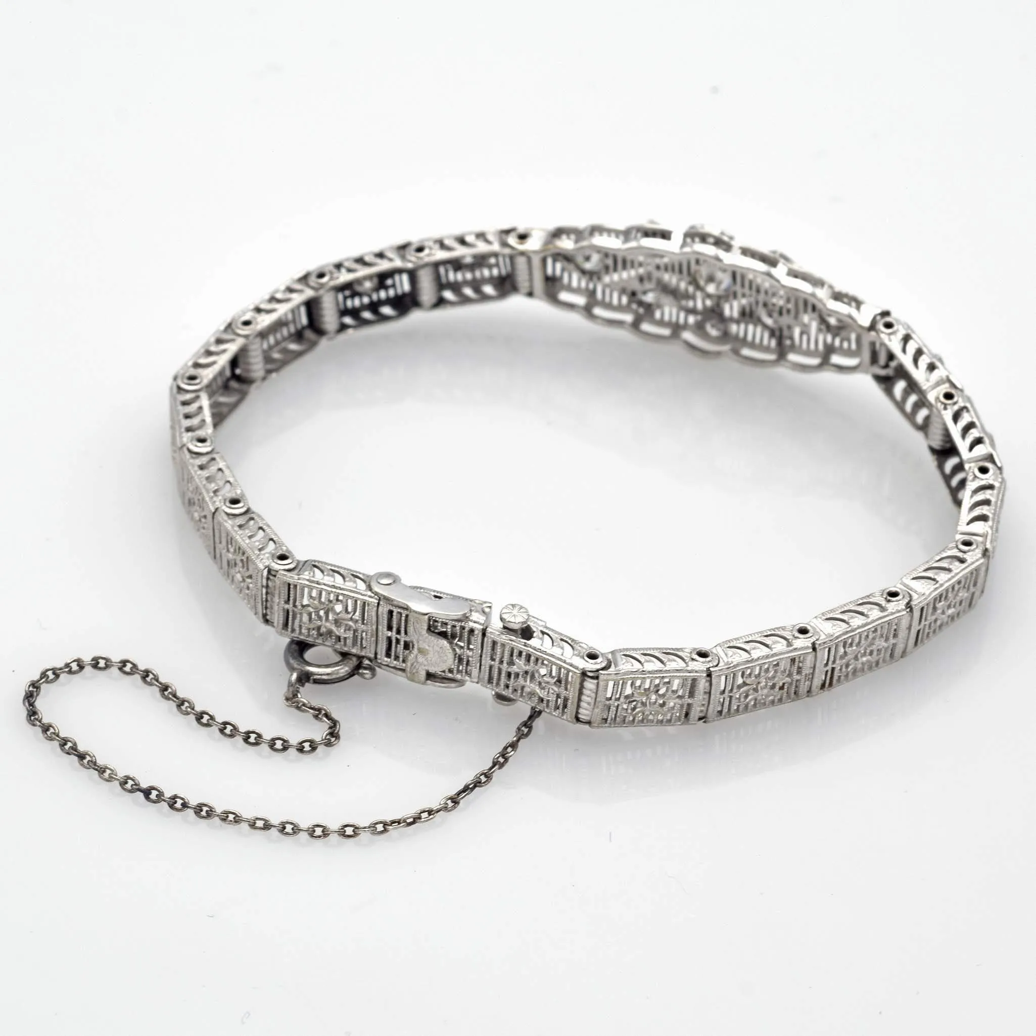 Vintage 10K White Gold Diamond Filigree Bracelet